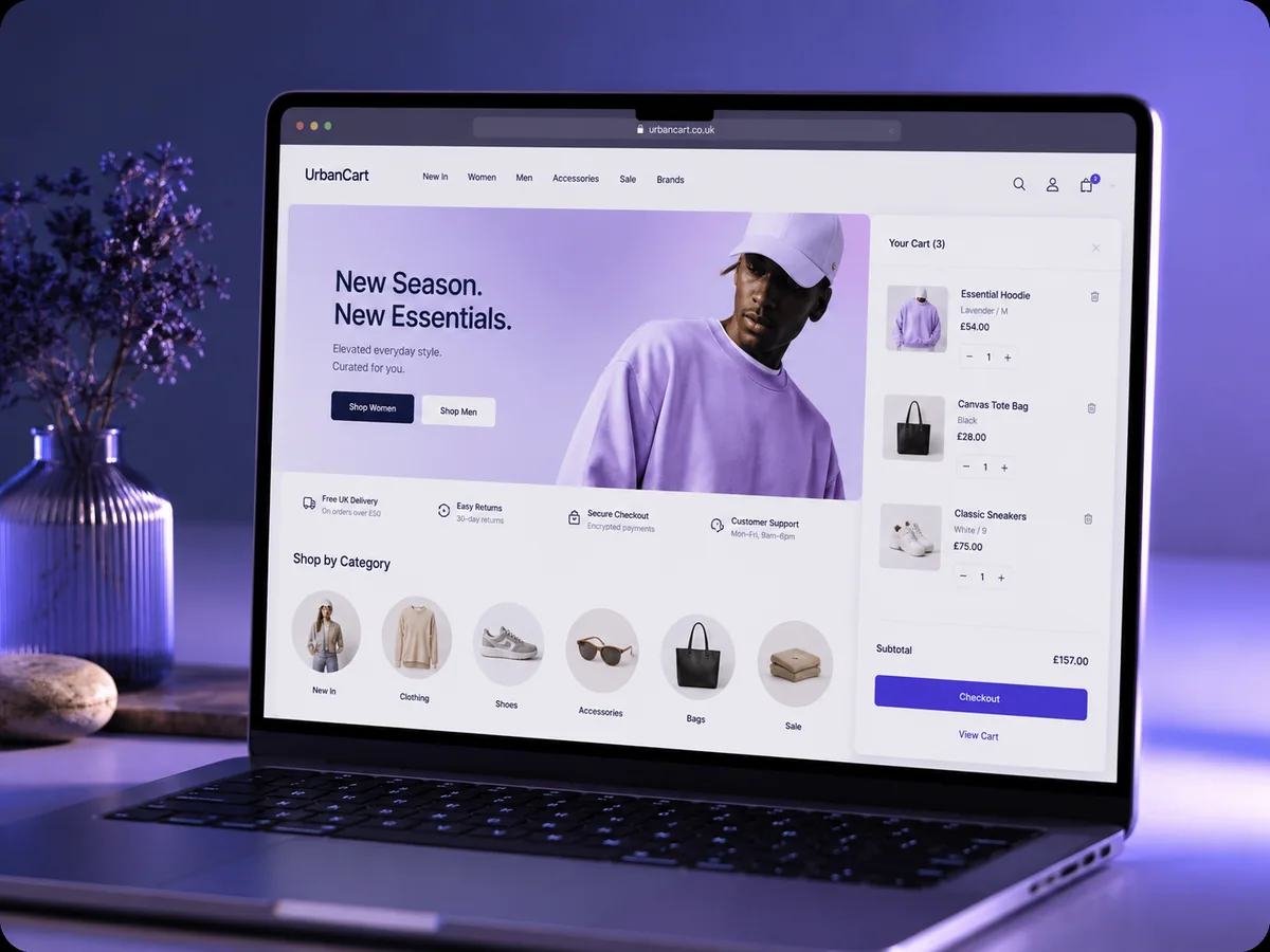 Illustrative e-commerce storefront displayed on a laptop