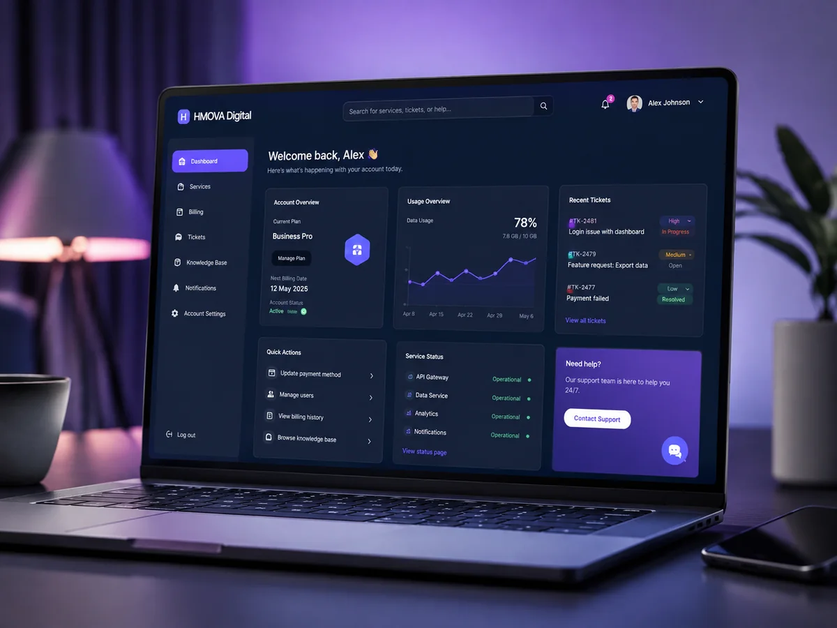 Illustrative customer portal and dashboard displayed on a laptop